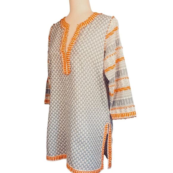 Gretchen Scott Beaded Cotton Batik Tunic Top Blouse Blue Orange Medium - Picture 4 of 8